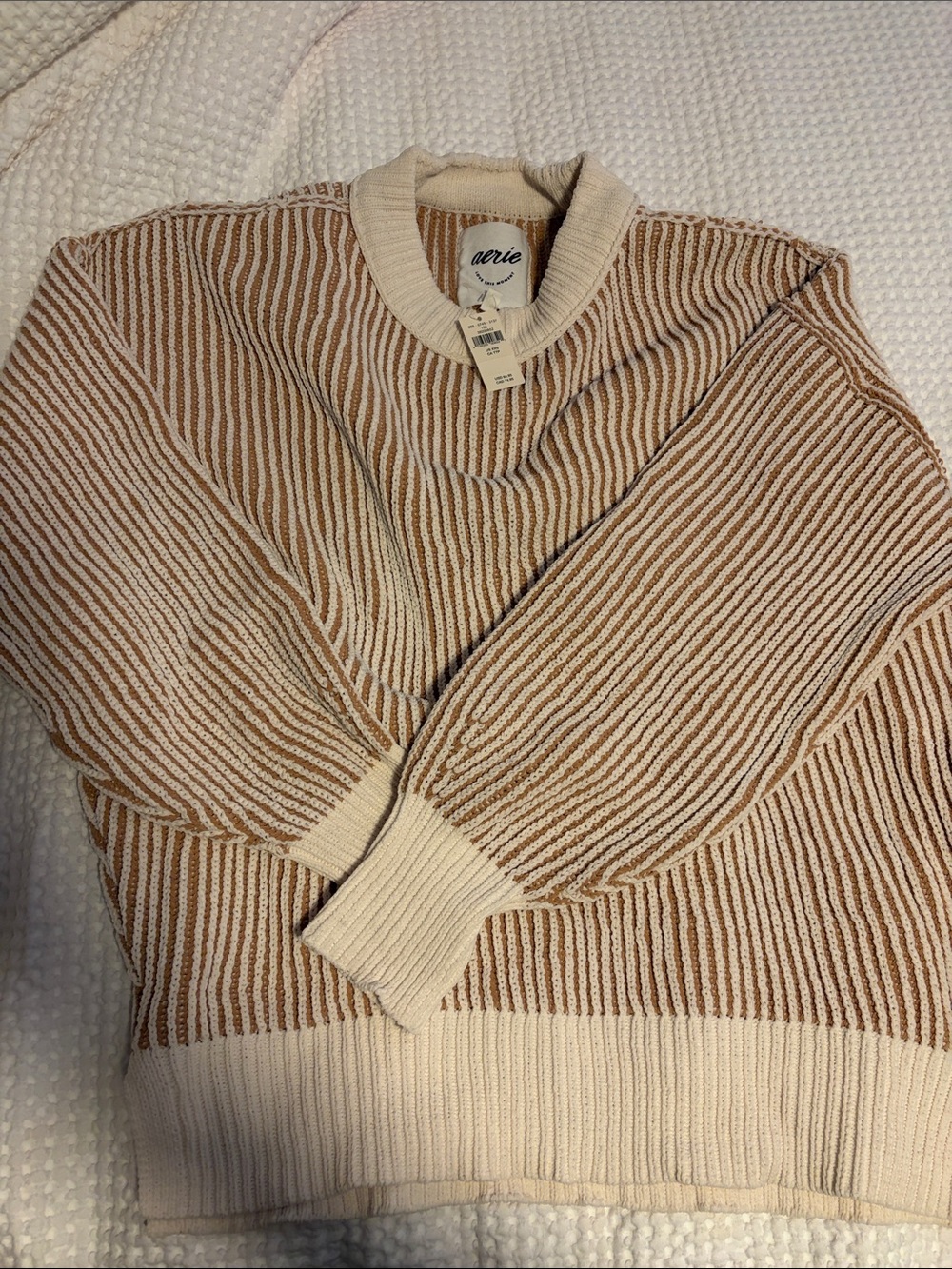 aerie Cream and Tan Striped Crewneck Sweater